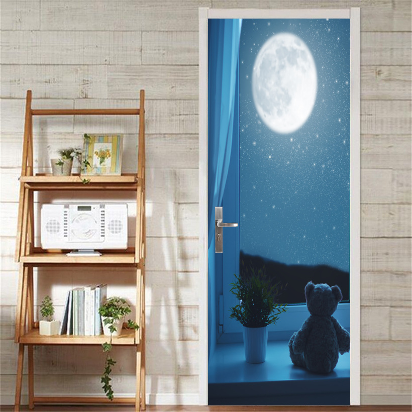 巨创跨境货源PVC贴纸3D自粘门贴 墙贴 卧室客厅现代装饰 窗户月亮