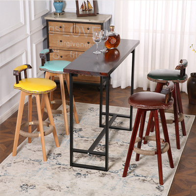 實木吧台椅美式複古吧台凳歐式高凳旋轉創意酒吧椅家用高腳餐椅子