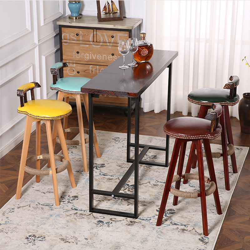 實木吧台椅美式複古吧台凳歐式高凳旋轉創意酒吧椅家用高腳餐椅子