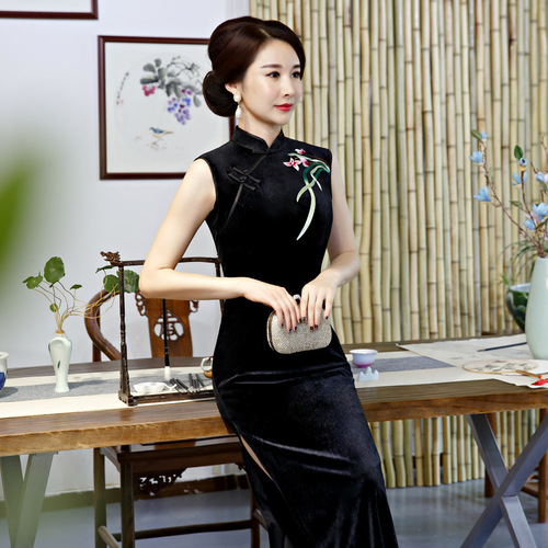 Chinese Dress cheongsam for womenLong cheongsam season women&apos;s retro style catwalk dress