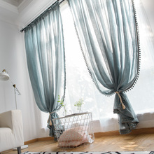 薄荷綠藍色細十字半透棉麻紗美式復古純色窗紗麻紗窗簾定制客廳