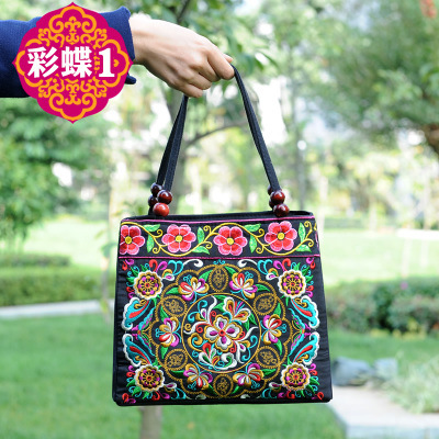 2024 nuevo bolso de cuentas de madera de doble capa portátil de mediana edad y ancianos bolso de bordado de estilo étnico bolso de lona portátil de un solo hombro bordado