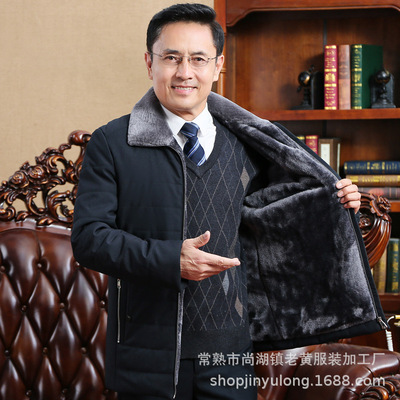 冬季新款中年男士翻领短款棉衣加绒加厚羽绒棉服外套中老年男棉袄|ru