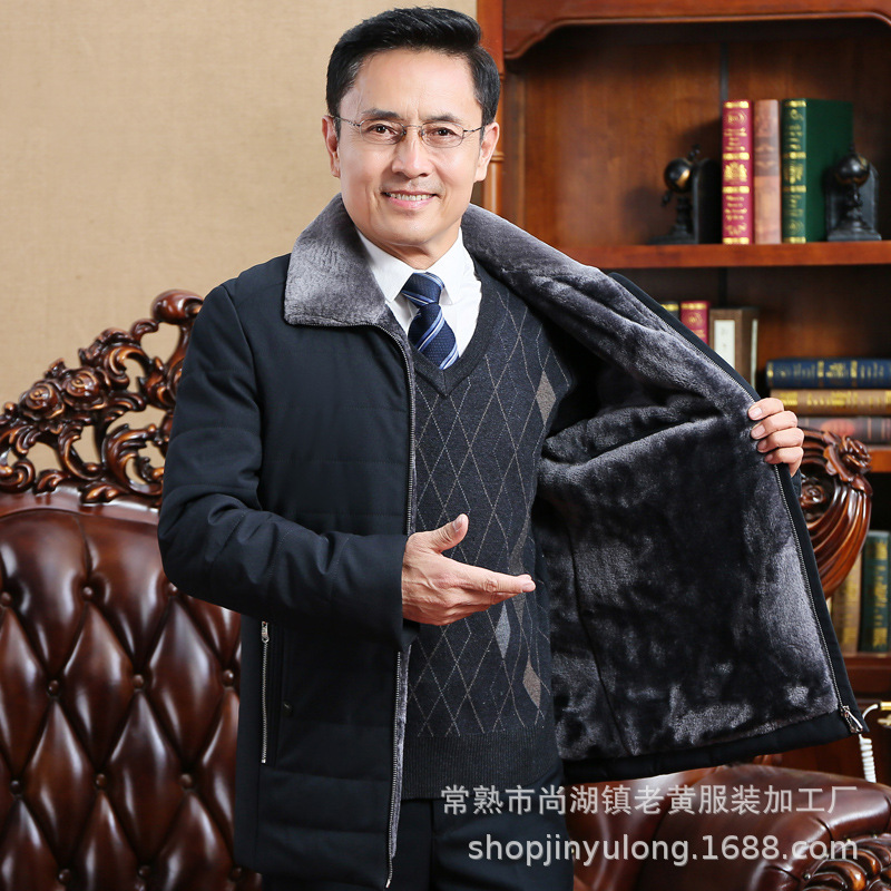 冬季新款中年男士翻领短款棉衣加绒加厚羽绒棉服外套中老年男棉袄|ru