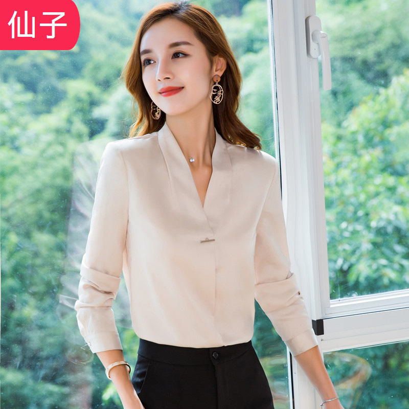女士时尚V领丝职业衬衣2018秋冬新款韩版巴黎绸长袖衬衫批发