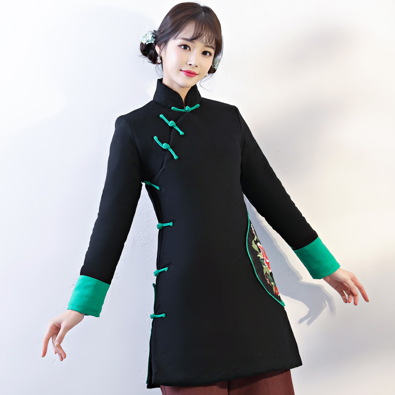 2019 winter Embroidery Retro Chinese style Cotton frog cotton-padded jacket High collar Ethnic style Self cultivation Show thin have more cash than can be accounted for cotton-padded clothes