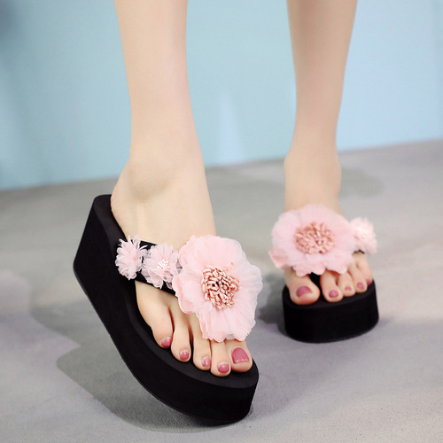 Flashy Handmade Flower Black Herringbone Sandals Women Summer Fashion Outerwear Slippers Women Summer Thick Sole Anti-Slip Beach Sandals