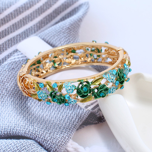 Cloisonne diamond-encrusted bracelet fashion retro hanfu jewelry KC gold hollow-out rose bracelet female bracelet accessories