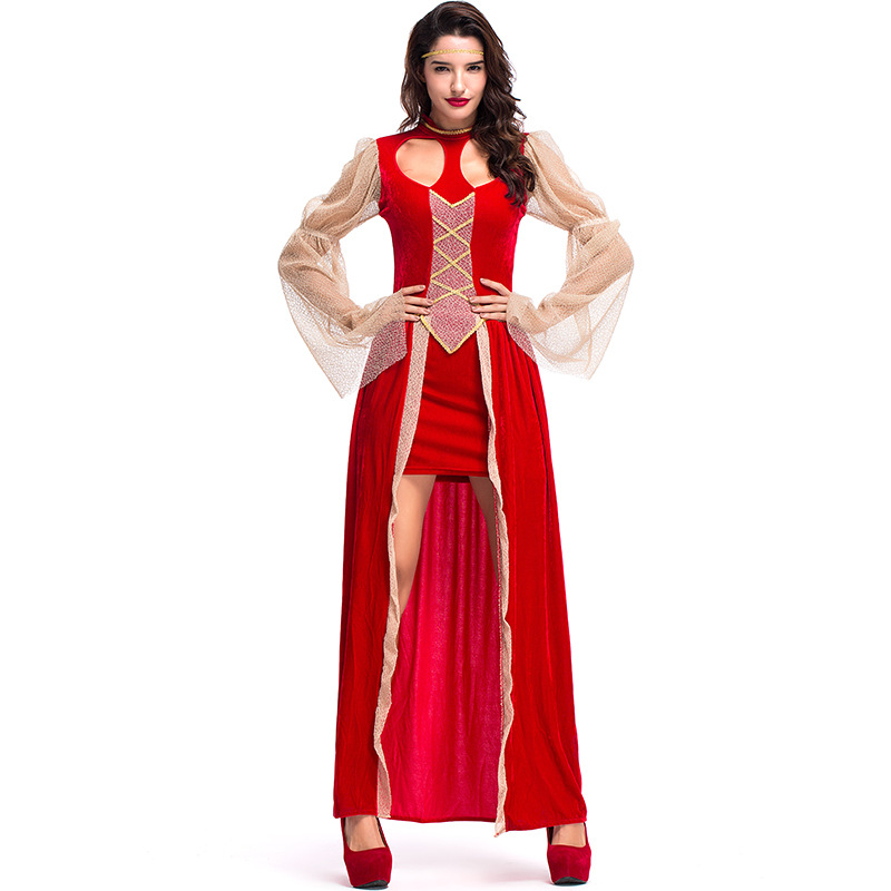 萬圣節服裝 成人大紅色鏤空心形長裙 女王服 舞會狂歡派對cosplay