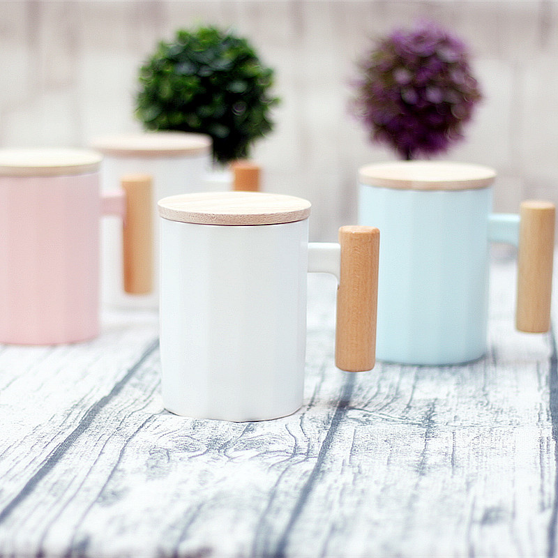 创意纯色多边形木柄杯子带盖陶瓷马克杯淘宝天猫热销款咖啡杯批发|ru