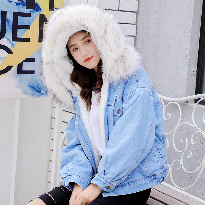 Пуховик (женский) denim-вид с капюшоном и отделкой из искусственного меха, теплая кожаная подкладка, 2022