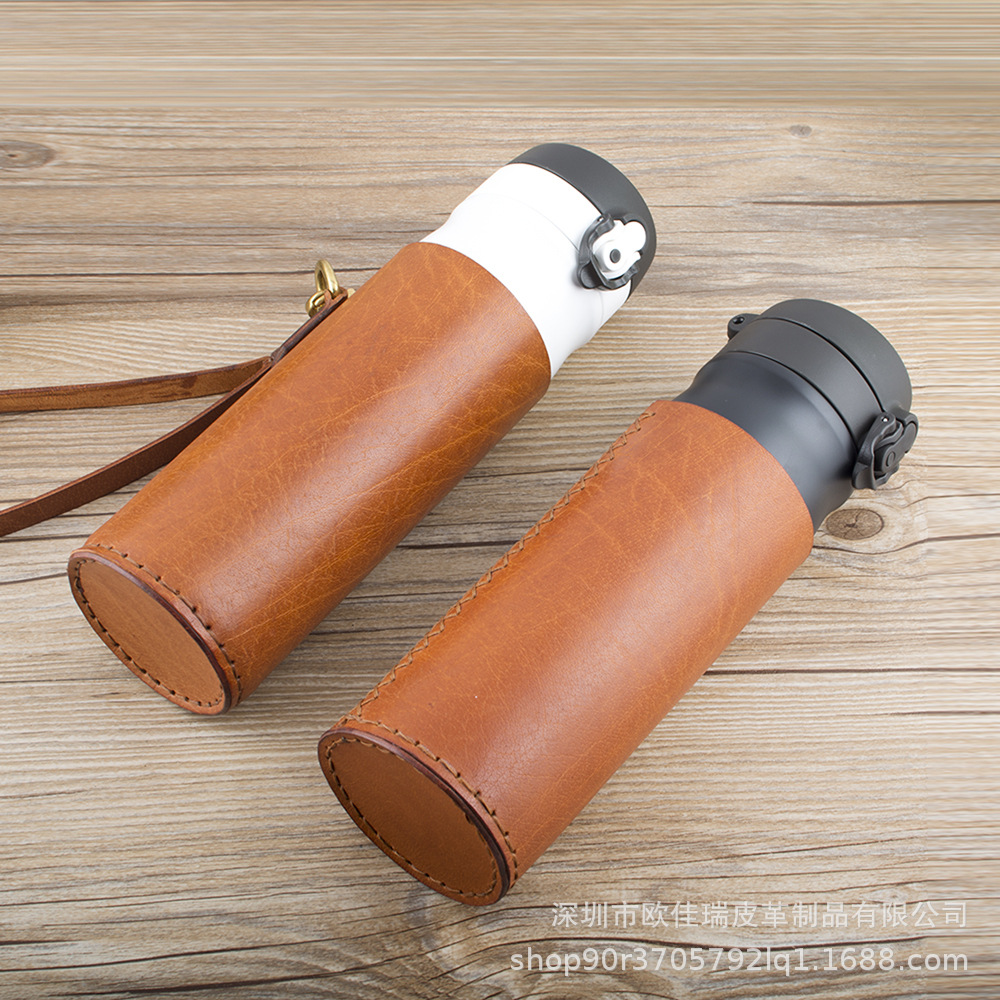 源头厂家订制头层牛皮玻璃杯防烫杯套  便携式保温水杯皮套