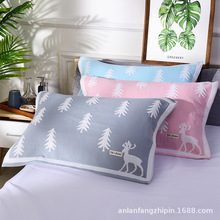 厂家现货双层无捻布艺棉制小鹿卡通情侣时尚枕巾舒适柔软纱布枕巾