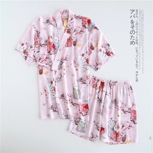 女士夏季人棉两件套和服棉绸短袖短裤日式和服睡衣薄款家居服套装