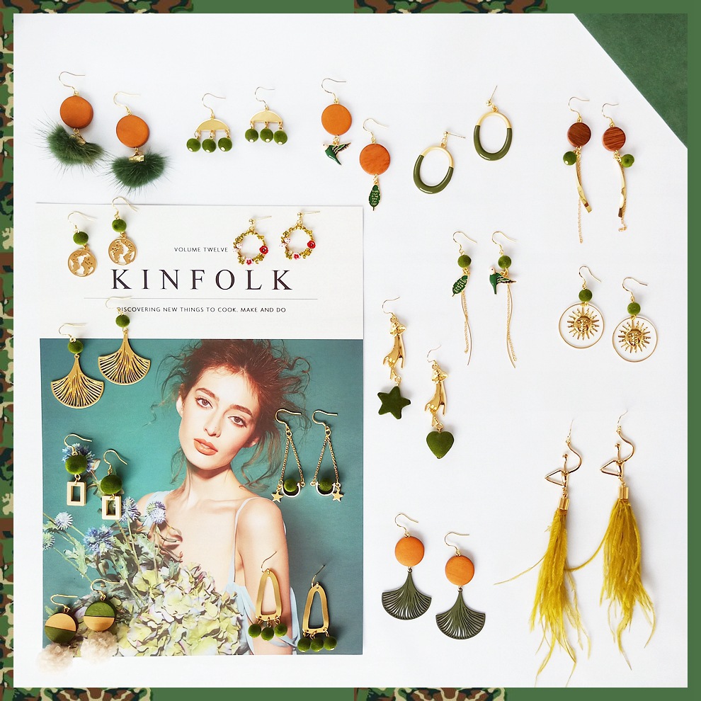 亮眸925銀創意手工韓版韓國軍綠色耳環批發創意少女耳飾飾品廠家