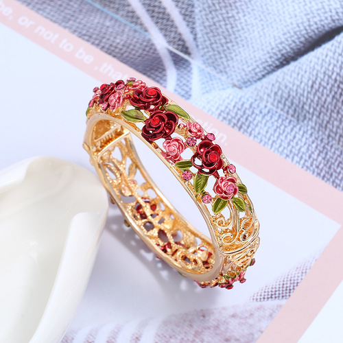 Cloisonne diamond-encrusted bracelet fashion retro hanfu jewelry KC gold hollow-out rose bracelet female bracelet accessories