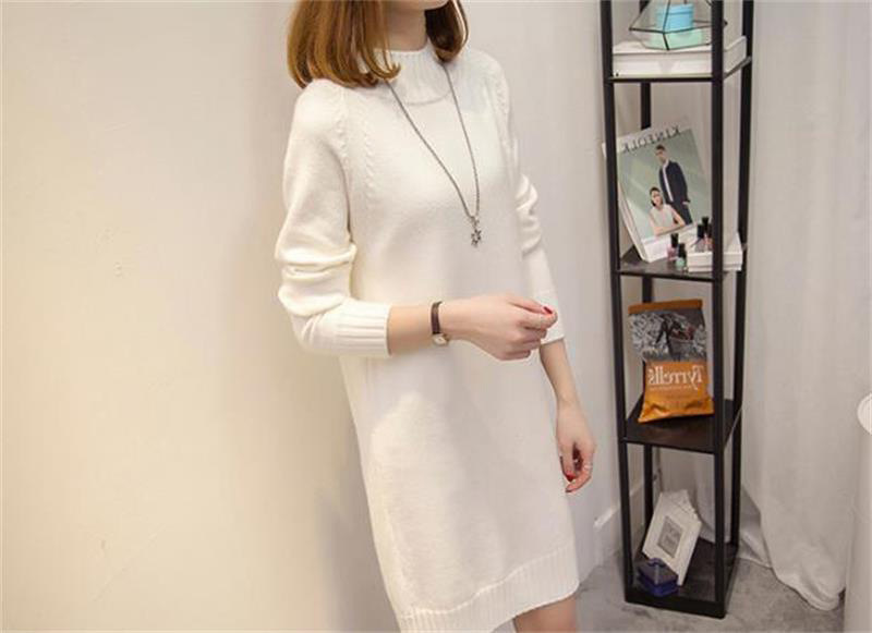 K New Women's Half-turtleneck Pullover Sweater; Loose Midi Dress; Women's Knit Dress As A Base Layer. No Necklace Or Other Accessories_voghion.com