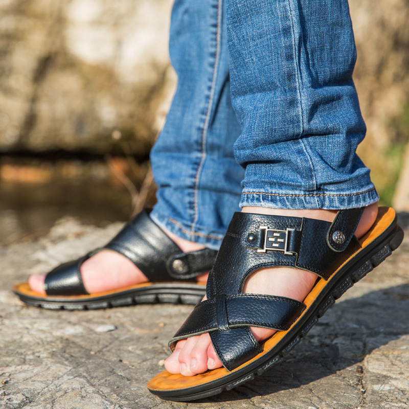 2020新款夏季休闲头层牛皮沙滩鞋子男式男士皮凉鞋男拖鞋潮流韩版|ru