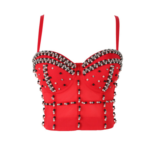 Women's Diamond bling jazz dance bra tops Nail bead red underwear body shaping dance Bra nightclub top bra stage performance dress
