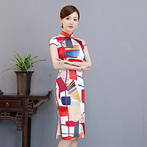 Chinese Dress cheongsam for womenNational retro cheongsam dress women&apos;s printed cheongsam