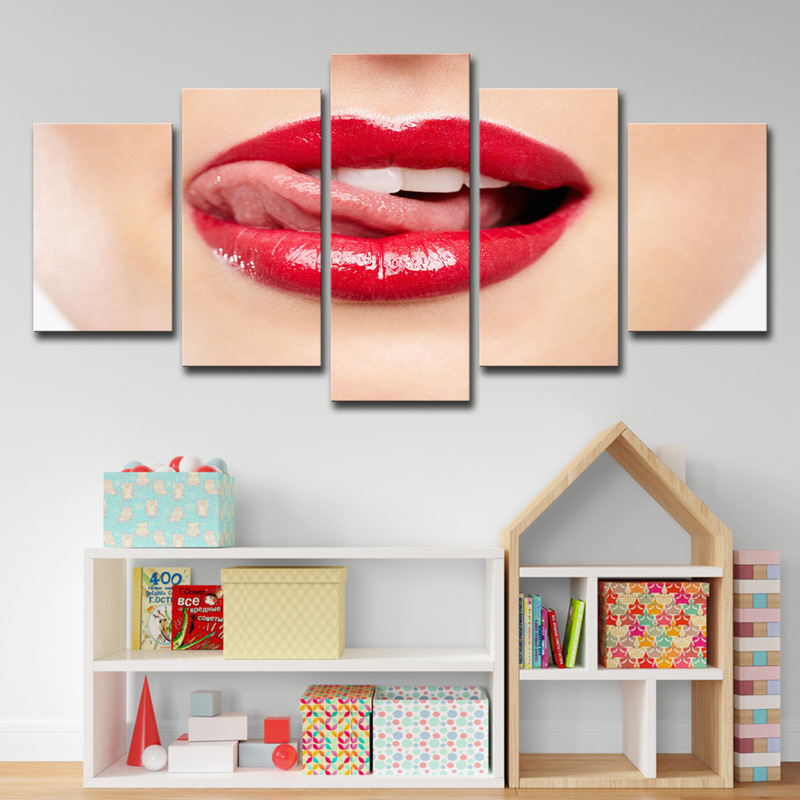 Cross-border wish AliExpress 5 frame panel red lips modern home decoration wall art oil painting living room