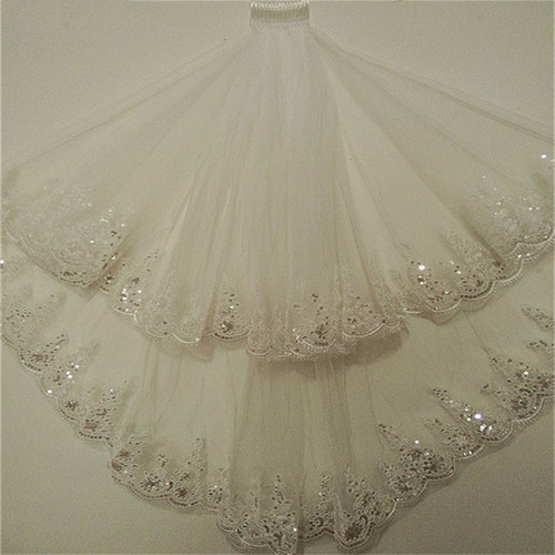 Foreign trade new sequined lace veil double layer with hair comb exquisite lace wedding veil bride photo styling veil