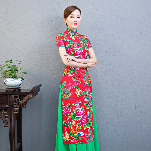 Cheongsam performance costume guoaodai dress large size show show flower Qipao two piece set