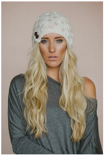 European and American knitted beanie hollow leaf lace button warm hat ladies pullover beret