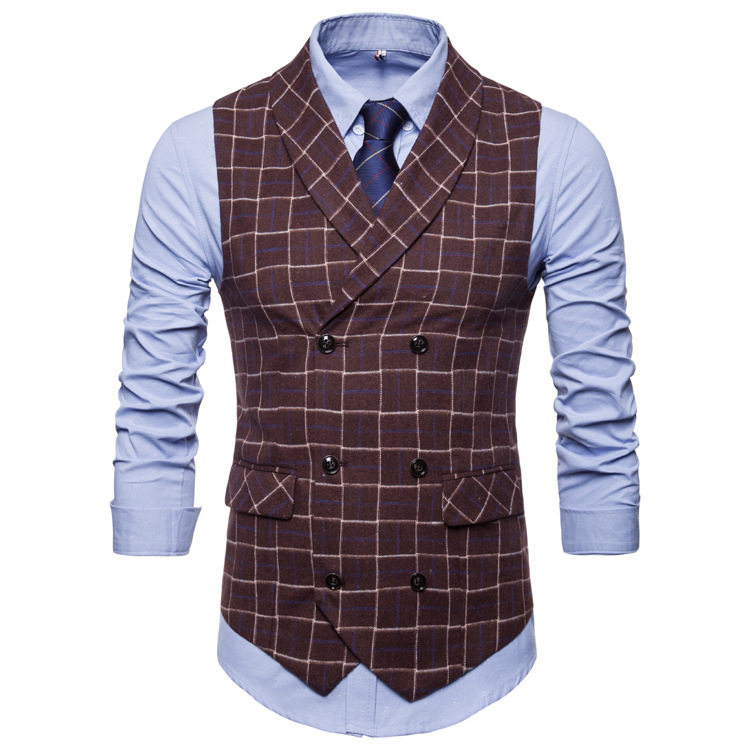 Foreign trade men's autumn and winter new cross border lattice double breasted casual vest men's Korean large men's coat