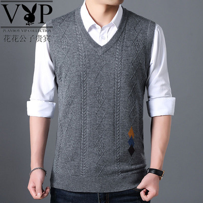 花花公子中老年男裝羊毛V領純色背心針織衫無袖坎肩馬甲爸爸裝