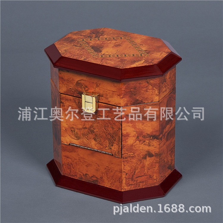 Octagonal flip lid split-opening wooden box packaging, lacquered and printed wooden wine box wholesale, essential oil wooden box customization detail image 1