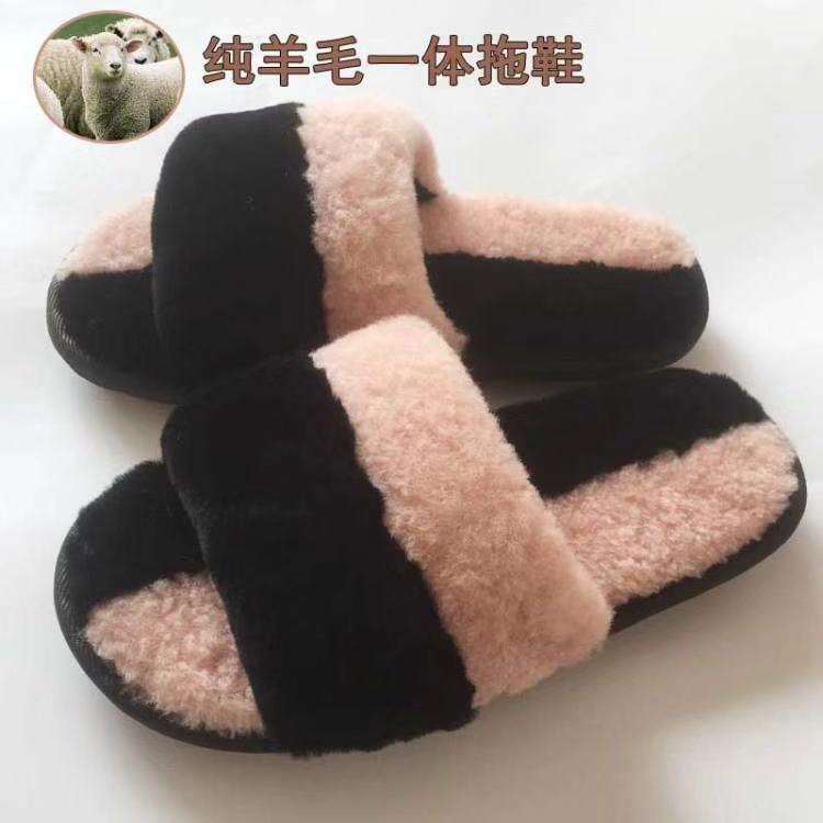 Fur one Sheepskin wool slipper manual Flat bottom Color matching thickening non-slip Dichotomanthes bottom Maomao slipper