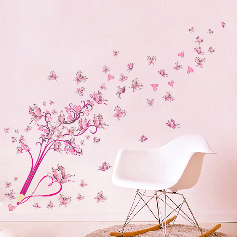 ZY072P粉色铅笔蝴蝶飞飞花卧室客厅背景装饰墙贴纸批发可移除