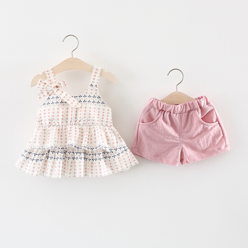 童装批发女童套装夏季婴幼童圆点小花吊带短裤两件套小童宝宝夏装