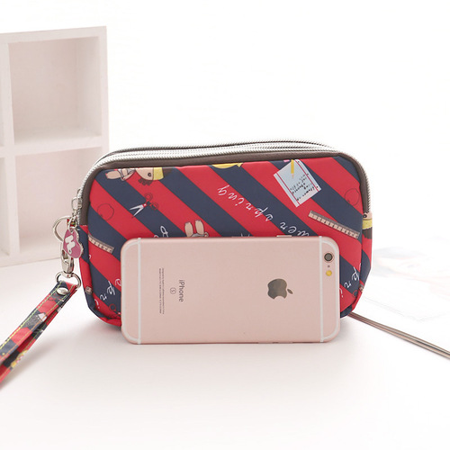 Thickened Three-Layer Long Zipper Handbag Women's Handbag Wrist Phone Bag Cute Washed Fabric