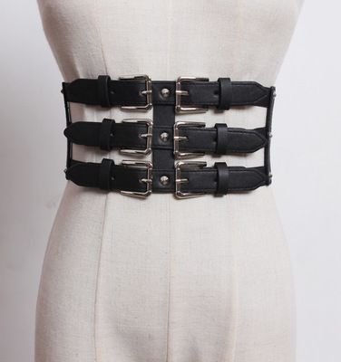 個性超寬腰帶女三排針扣裝飾襯衣配飾黑色镂空彈力高腰連衣裙腰封