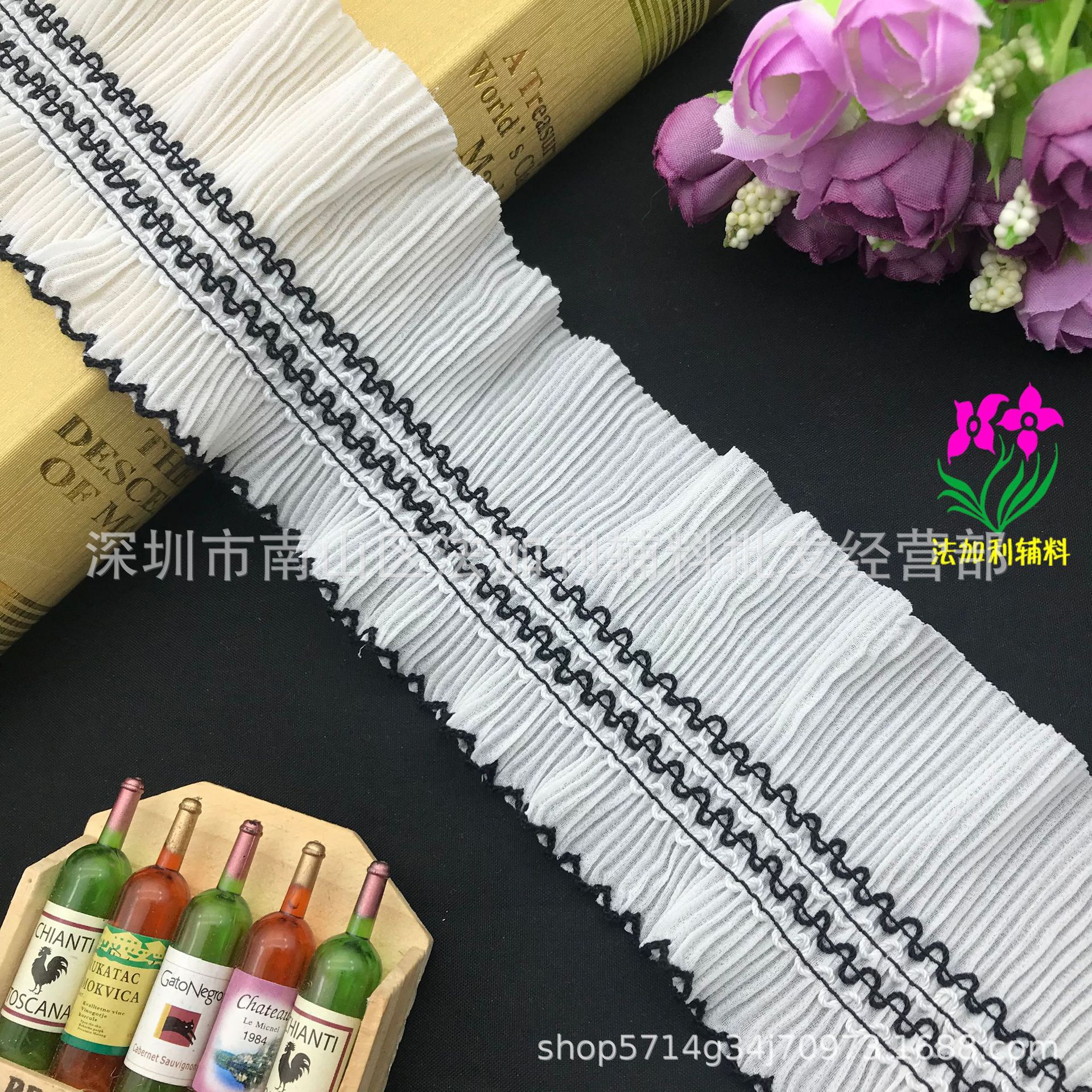 爆款女装花边珍珠雪纺风琴褶皱橡筋弹力狗牙波浪花边袖子