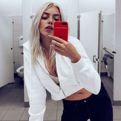 欧美外贸2020女装秋装夹克女性感露脐拉链连帽短外套女一件代发