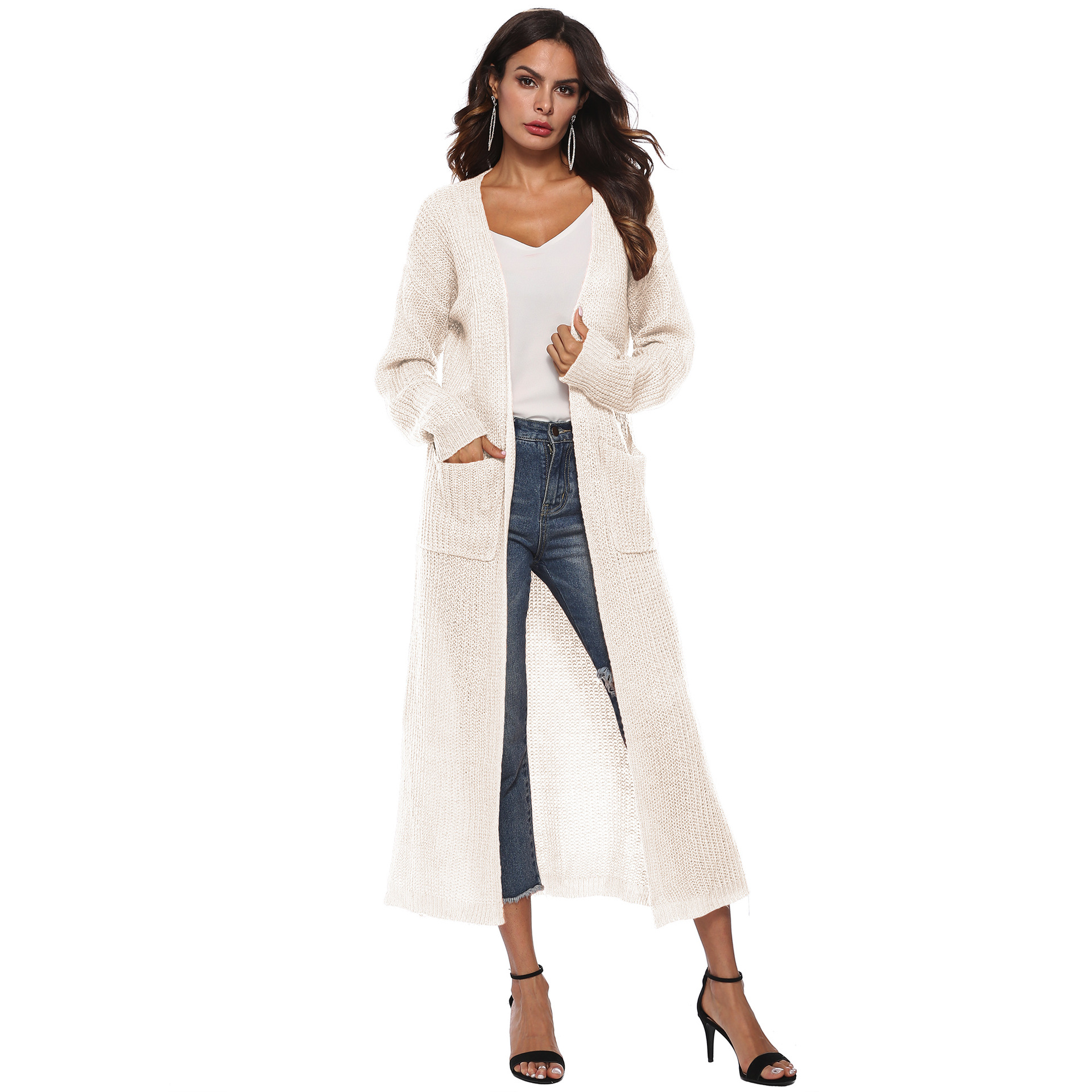 open-fork big pocket knit long thin coat NSOY28458