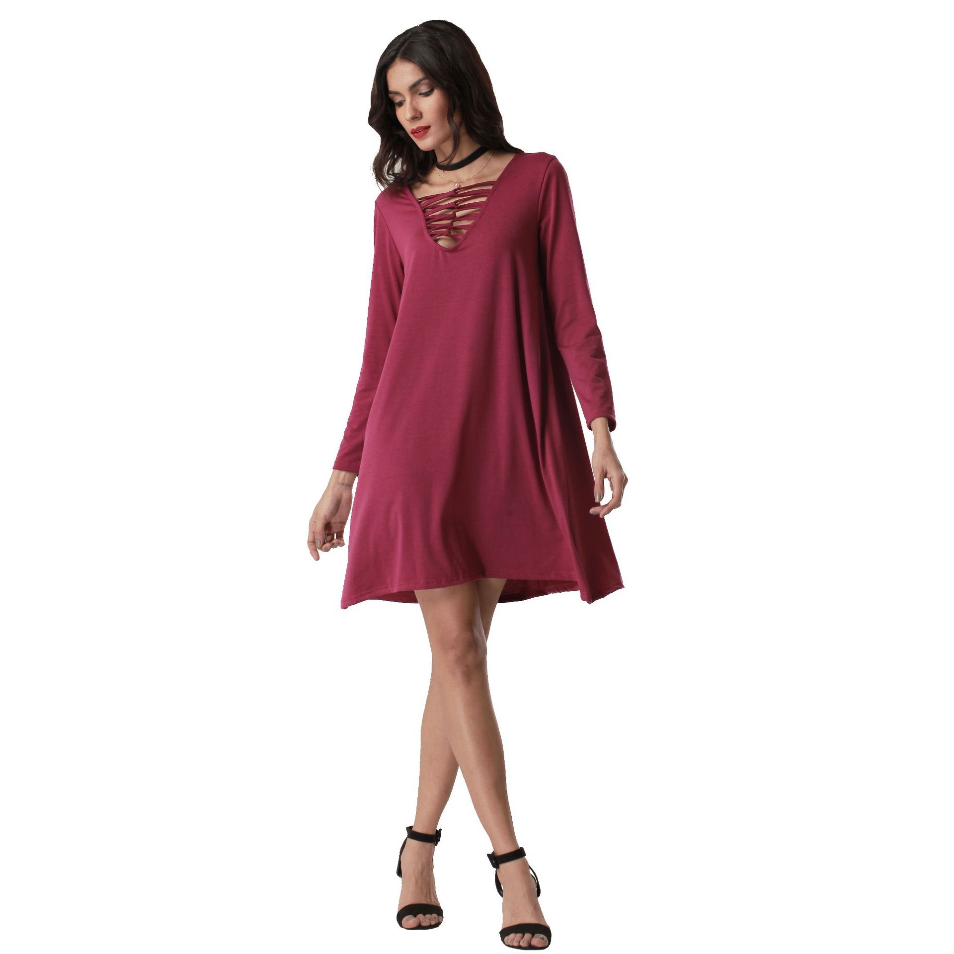 Solid Color Dress Sexy Deep V Neck Lace Up Design Long Sleeve Perfect for Parties and Events Wholesale Available