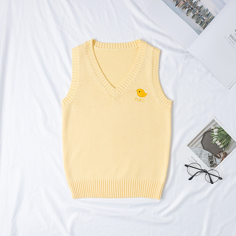 JK Autumn and Winter V-Neck Cotton Academy Style British Japanese JK Uniform Knitted Vest Goose Yellow Chick Sweater Solid Color