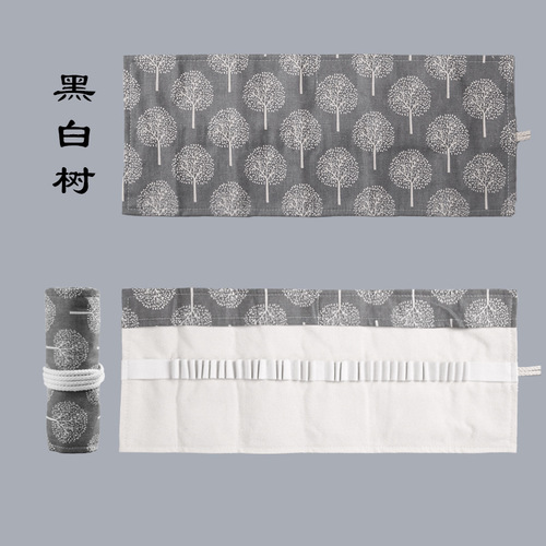 Black and white tree canvas art pen curtain 12/24/36/48/72 hole large capacity pencil roll bag color lead sketch pencil bag