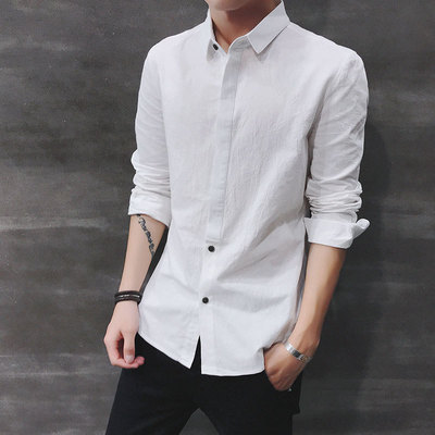 2018纯棉衬衫男士秋季韩版修身潮流帅气青少年休闲白衬衣长袖寸衫