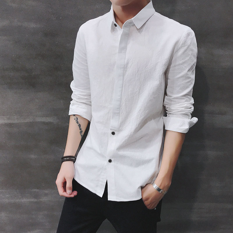 2018纯棉衬衫男士秋季韩版修身潮流帅气青少年休闲白衬衣长袖寸衫