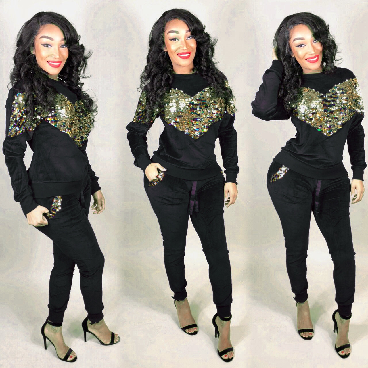 2018 Women Sequin Tracksuits Pocket Winter Warm Bling Bling Thickens