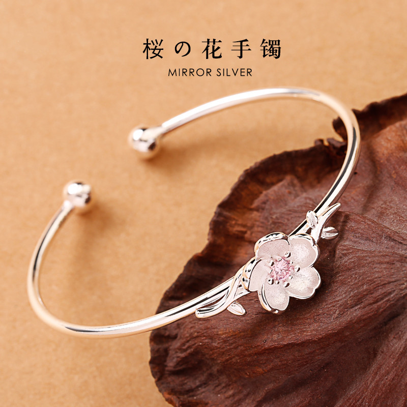 韩版镀银森系樱花文艺手镯甜美镶钻粉水晶简手环约开口饰品批发