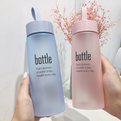 韩国英文bottle情侣磨砂塑料水瓶简约男女学生提绳便携随手水杯子