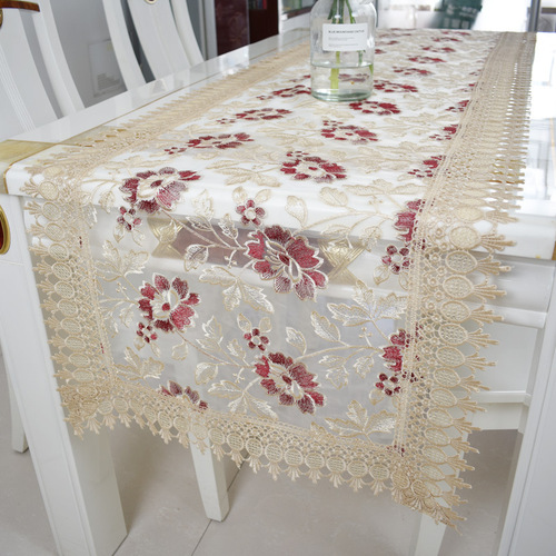 New European-style simple glass yarn embroidery tablecloth, semi-transparent embroidered lace coffee table cloth, rectangular dining tablecloth