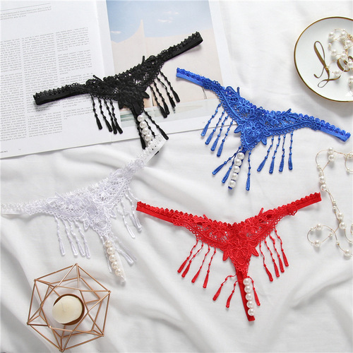 Sexy embroidered transparent underwear for women with tassels, seductive pearl massage, low-waist sexy underwear, open profile, ultra-thin, hot and sexy