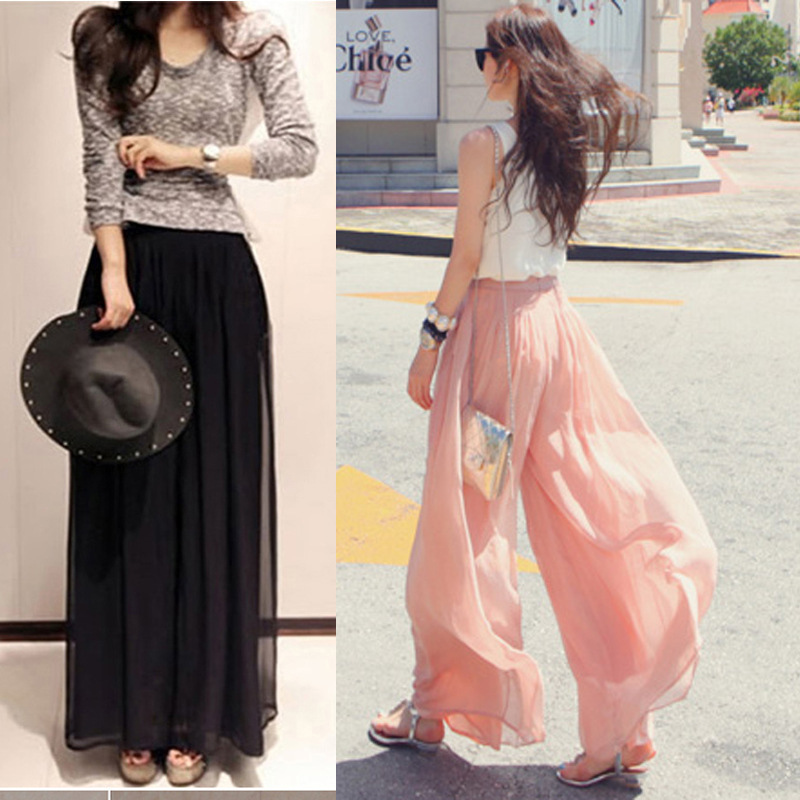 2020新款現貨休閑長褲闊腿雪紡長褲裙高腰長褲時尚褲裙寬松秋褲